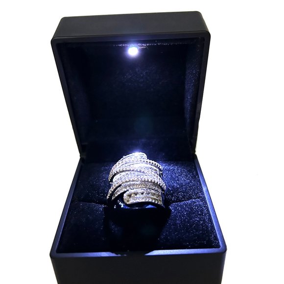 Ring Silver Plated Luxury Wide Zircon Stacking Ring with LED Jewelry Box - Picture 9 of 9